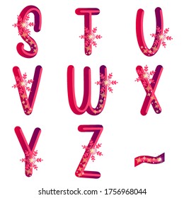 Snowflake alphabets. Christmas alphabet set. Stuvwxyz collection. Glitter and gradient letters set. Red pink vector stock characters with patterns. Lettering illustrations. Logo initials. Title font.