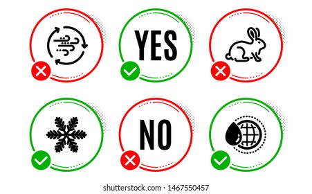 Snowflake, Animal tested and Wind energy icons simple set. Yes no check box. World water sign. Air conditioning, Bio product, Breeze power. Aqua drop. Nature set. Snowflake icon. Check mark. Vector