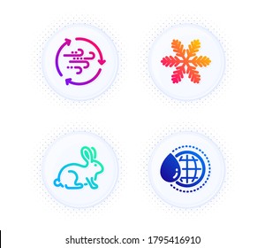 Snowflake, Animal tested and Wind energy icons simple set. Button with halftone dots. World water sign. Air conditioning, Bio product, Breeze power. Aqua drop. Nature set. Vector