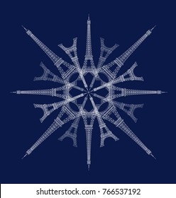 Snowflake. Architectural snowflake consisting of the image of the Eiffel tower. The winter's tale in Paris.