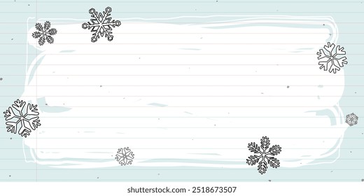 Snowflake around white blank frame hand drawn childish style on notebook paper light blue background graphic illustration. Merry Christmas and Happy New Year greeting card template.