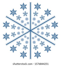Snowflake arrangement looks like big snowflake. Four different snowflake shapes. Blue and white color combination.