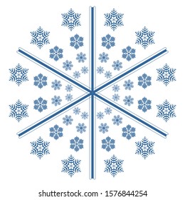Snowflake arrangement looks like big snowflake. Four different snowflake shapes. Blue and white color combination.