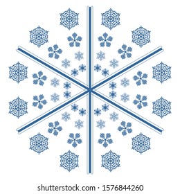 Snowflake arrangement looks like big snowflake. Four different snowflake shapes. Blue and white color combination.