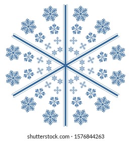 Snowflake arrangement looks like big snowflake. Four different snowflake shapes. Blue and white color combination.