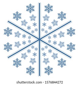 Snowflake arrangement looks like big snowflake. Four different snowflake shapes. Blue and white color combination.