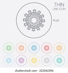 Snowflake artistic sign icon. Christmas and New year winter symbol. Air conditioning symbol. Thin line circle web icons with outline. Vector