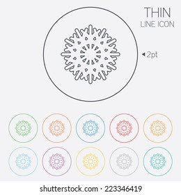 Snowflake artistic sign icon. Christmas and New year winter symbol. Air conditioning symbol. Thin line circle web icons with outline. Vector