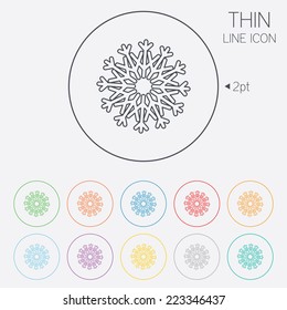 Snowflake artistic sign icon. Christmas and New year winter symbol. Air conditioning symbol. Thin line circle web icons with outline. Vector