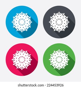 Snowflake artistic sign icon. Christmas and New year winter symbol. Air conditioning symbol. Circle buttons with long shadow. 4 icons set. Vector