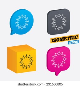 Snowflake artistic sign icon. Christmas and New year winter symbol. Air conditioning symbol. Isometric speech bubbles and cube. Rotated icons with edges. Vector