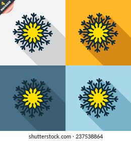 Snowflake artistic sign icon. Christmas and New year winter symbol. Air conditioning symbol. Four squares. Colored Flat design buttons. Vector