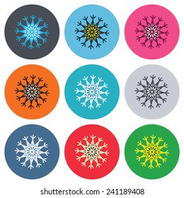 Snowflake artistic sign icon. Christmas and New year winter symbol. Air conditioning symbol. Colored round buttons. Flat design circle icons set. Vector