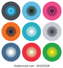 Snowflake artistic sign icon. Christmas and New year winter symbol. Air conditioning symbol. Colored round buttons. Flat design circle icons set. Vector