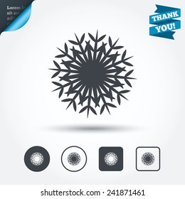 Snowflake artistic sign icon. Christmas and New year winter symbol. Air conditioning symbol. Circle and square buttons. Flat design set. Thank you ribbon. Vector
