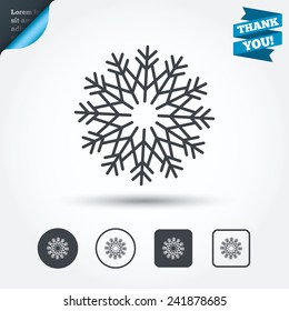 Snowflake artistic sign icon. Christmas and New year winter symbol. Air conditioning symbol. Circle and square buttons. Flat design set. Thank you ribbon. Vector