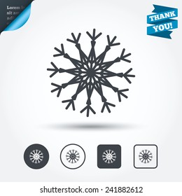 Snowflake artistic sign icon. Christmas and New year winter symbol. Air conditioning symbol. Circle and square buttons. Flat design set. Thank you ribbon. Vector