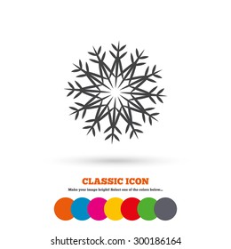 Snowflake artistic sign icon. Christmas and New year winter symbol. Air conditioning symbol. Classic flat icon. Colored circles. Vector