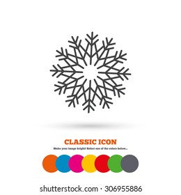 Snowflake artistic sign icon. Christmas and New year winter symbol. Air conditioning symbol. Classic flat icon. Colored circles. Vector