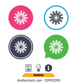 Snowflake artistic sign icon. Christmas and New year winter symbol. Air conditioning symbol. Report document, information sign and light bulb icons. Vector