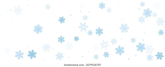 Fondo de copo de nieve. Patrón de escamas congeladas azules en blanco. Decoración de adorno de estrella de cristal que cae de invierno. Cielo abstracto de la estación fría con Elementos helados. Ilustración vectorial.