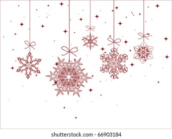 Snowflake background with a Christmas ball.  Merry Christmas and Happy New Year Blank Greeting card. Winter holiday backgrounds, vector