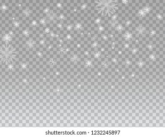 Snowflake background. Christmas snow. Snowfall with fine transparency. Vector illustration.