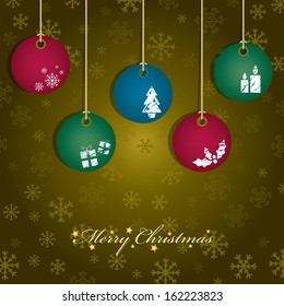 snowflake background with hanging christmas decorations and seasonal message, eps10 format with transparencies.
