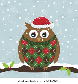 snowflake background with owl in christmas sweater and hat