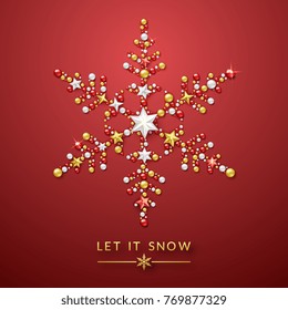 Snowflake background with Shining stars, bow and colorful balls. Merry Christmas card illustration on red background.