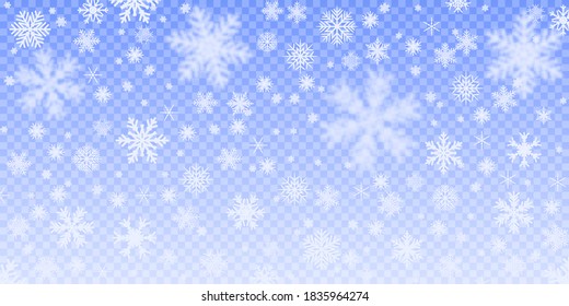 Schneeflocke Hintergrund mit transparenten Schneeflocken auf blauem Hintergrund - Vektorgrafik