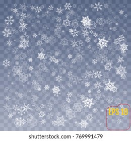Snowflake background vector. Christmas snow fall decoration effect. Transparent pattern.