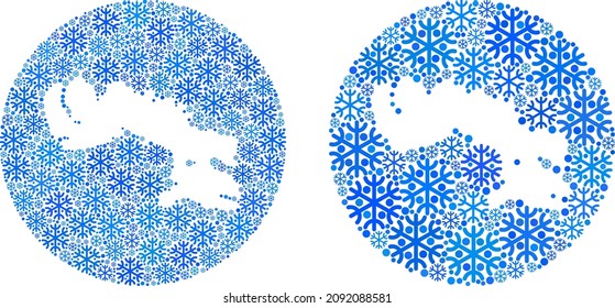 Snowflake Baffin Island Karte Mosaik ist mit Kugel und Loch geschaffen. Vector Baffin Island Landkarte Mosaik von Schneeteilen in verschiedenen Größen und Blautönen. Für Neujahrsposter erstellt.
