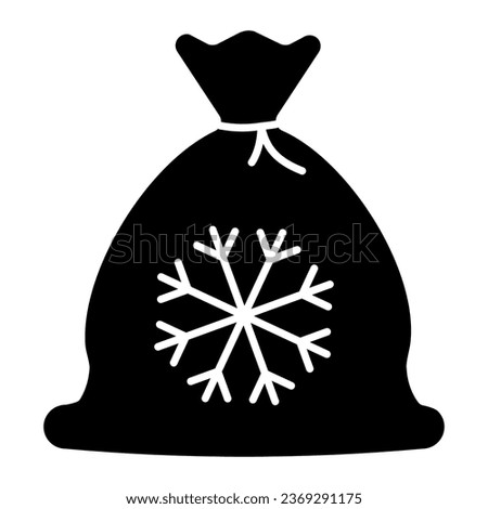 Snowflake bag solid icon. Gift glyph style pictogram on white background. Christmas sack with presents and snowflake image for mobile concept and web design. Vector graphics