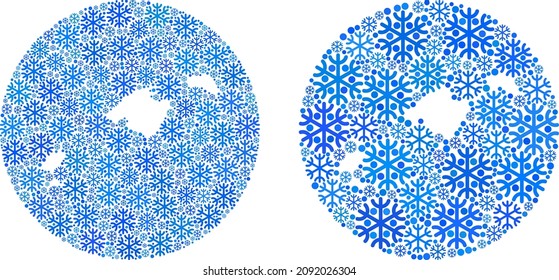 Snowflake Balearic Islands map collage is created with circle and subtracted shape. Vector Balearic Islands map collage of snowflake parts in different sizes and blue color hues.