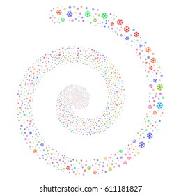 Snowflake bang swirling spiral. Vector bright multicolored random symbols.