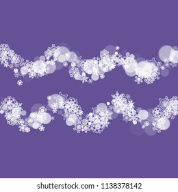 Snowflake banner with ultra violet snow. New Year backdrop. Winter frame for gift coupons, vouchers, ads, party events. Christmas trendy background. Holiday banner with snowflake banner