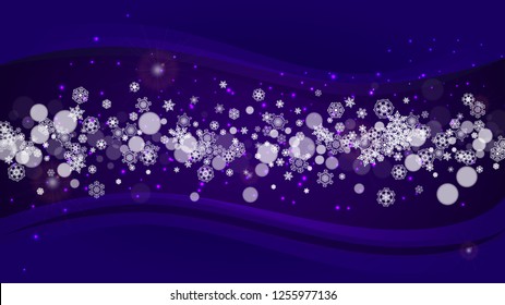 Snowflake banner with ultra violet snow. New Year backdrop. Winter border for flyer, gift card, party invite, retail offer and ad. Christmas trendy background. Holiday snowy snowflake banner