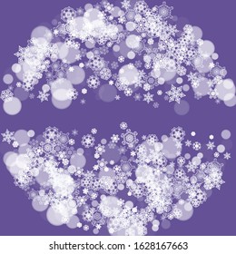 Snowflake banner with ultra violet snow. New Year backdrop. Winter frame for flyer, gift card, invitation, business offer and ad. Christmas trendy background. Holiday banner with snowflake banner