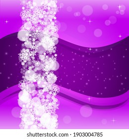 Snowflake banner with ultra violet snow. New Year backdrop. Winter border for flyer, gift card, invitation, business offer and ad. Christmas trendy background. Holiday banner with snowflake banner