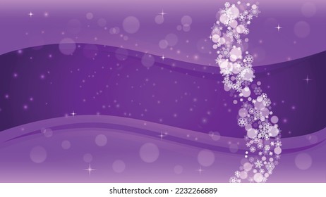 Snowflake banner with ultra violet snow. New Year backdrop. Winter border for flyer, gift card, party invite, retail offer and ad. Christmas trendy background. Holiday frosty snowflake banner