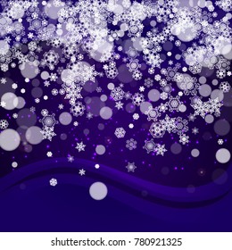 Snowflake banner with ultra violet snow. New Year backdrop. Winter border for gift coupons, vouchers, ads, party events. Christmas trendy background. Holiday banner with snowflake banner