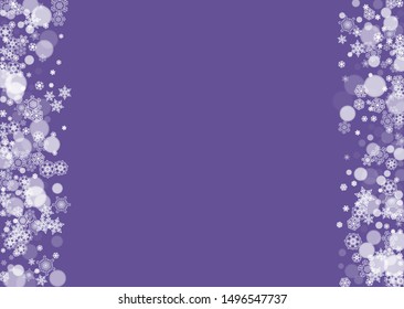 Snowflake banner with ultraviolet snow. New Year backdrop. Winter frame for gift coupons, vouchers, ads, party events. Christmas trendy background. Holiday banner with snowflake banner