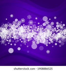 Snowflake banner with ultraviolet snow. New Year backdrop. Winter border for gift coupons, vouchers, ads, party events. Christmas trendy background. Holiday banner with snowflake banner