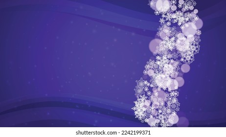 Snowflake banner with ultraviolet snow. New Year backdrop. Winter frame for flyer, gift card, party invite, retail offer and ad. Christmas trendy background. Holiday frosty snowflake banner