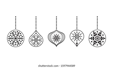 Snowflake bauble graphic decoration. Simple holiday ornament hanging and arranged in a one line, vector illustration. Winter flat ice symbol, digital set drawing.