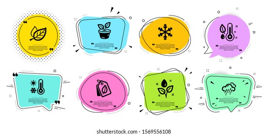 Snowflake, Bio tags and Thermometer line icons set. Chat bubbles with quotes. Rainy weather, Leaves and Leaf signs. Weather thermometer, Plants watering symbols. Snow, Leaf. Nature set. Vector