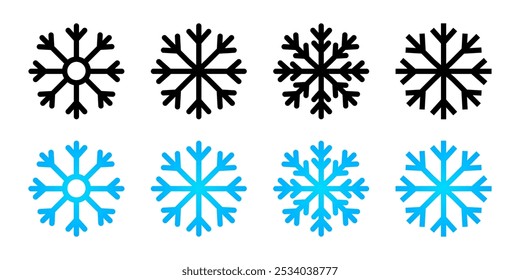 Snowflake black and blue icon set. Winter snow decoration symbol. frost ornament sign.