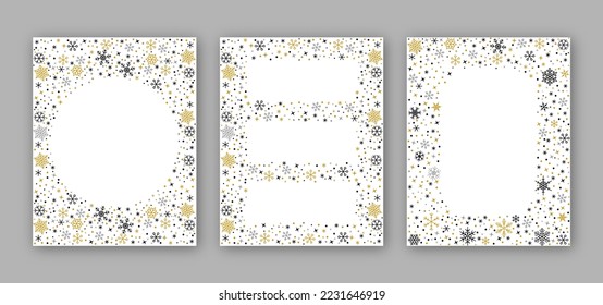 Snowflake black gold silver linear border. Merry Christmas and Happy New Year greeting card poster banner template. Winter ornate ice star background. Copy space snow flakes frame. Xmas letter decor