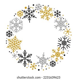 Schneeflocken schwarzes goldfarbenes Rundbanner. Kopieren Sie den Rahmen für Weltraumschneeflocken. Fröhliche Weihnachten und Fröhliches Neues Jahr Grußkartenvorlage. Winterornat-Eissternhintergrund. Weihnachtsbrief, frostige Grenzdekor
